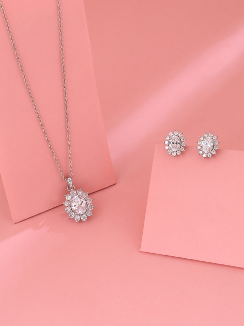 

Hiara Jewels Rhodium-Plated & White Stone-Studded Pendant With Chain, Silver