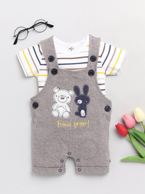 

BRATS AND DOLLS Infant Boys White & Grey Printed Cotton Dungarees With T-Shirt