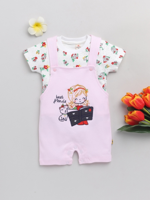 

BRATS AND DOLLS Purple & White Printed & Applique Cotton Dungarees, Pink