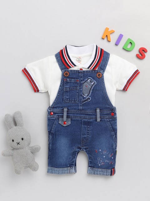 

BRATS AND DOLLS Infant White & Blue Printed Pure Cotton Dungarees With T-shirt