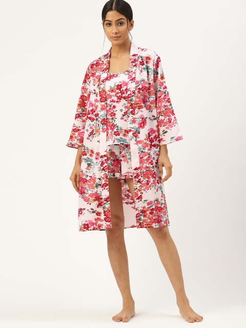 

ETC Women White & Pink Printed Night suit with Robe