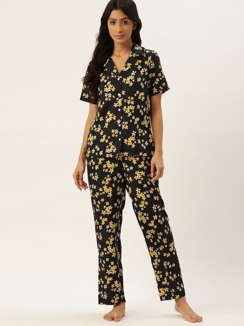 

ETC Women Black & Yellow Printed Night suit