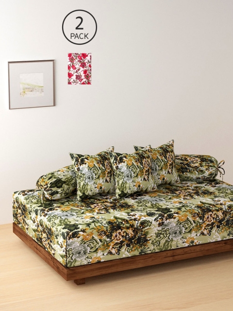 

Dhrohar Set Of 2 Printed Diwan Set With Bolster & Cushion Covers, Green