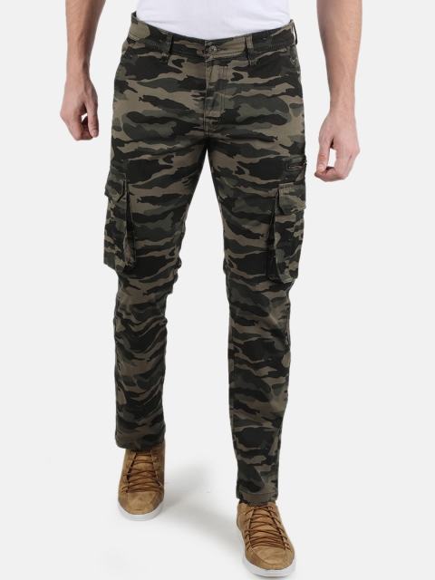 

Monte Carlo Men Olive Green Camouflage Printed Smart Slim Fit Cargos Trousers