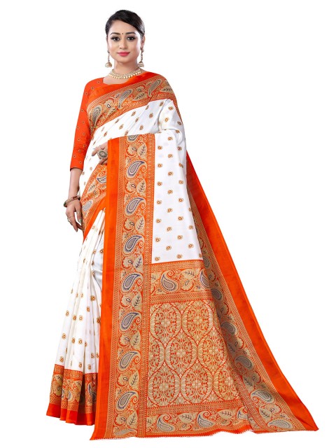 

KALINI White & Orange Paisley Art Silk Mysore Silk Saree
