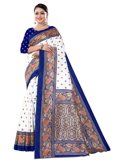 

KALINI Navy Blue & White Ethnic Motifs Printed Art Silk Mysore Silk Saree