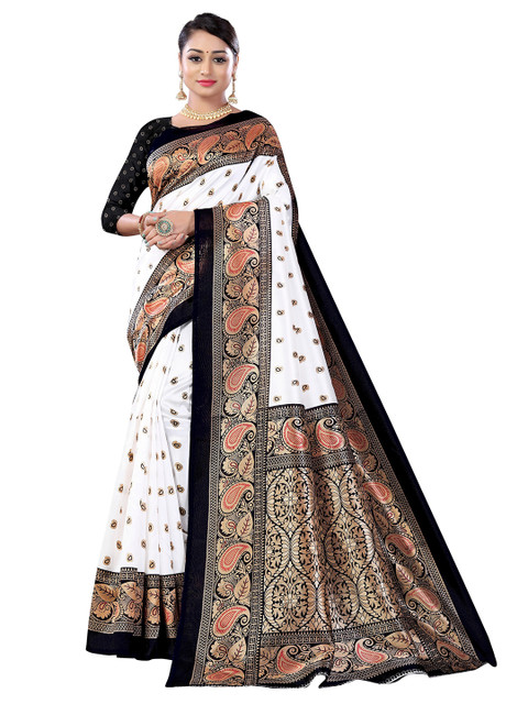 

KALINI White & Black Paisley Art Silk Mysore Silk Saree