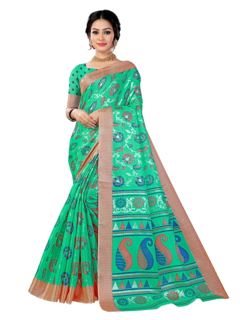 

KALINI Sea Green & White Ethnic Motifs Mysore Silk Saree