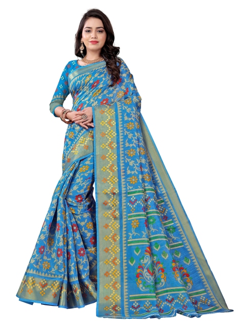 

KALINI Blue & Gold-Toned Floral Mysore Silk Saree