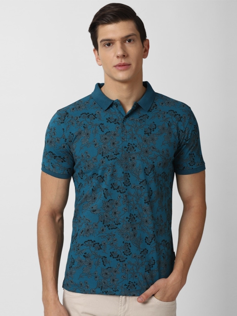 

V Dot Men Blue Typography Printed Polo Collar Slim Fit T-shirt