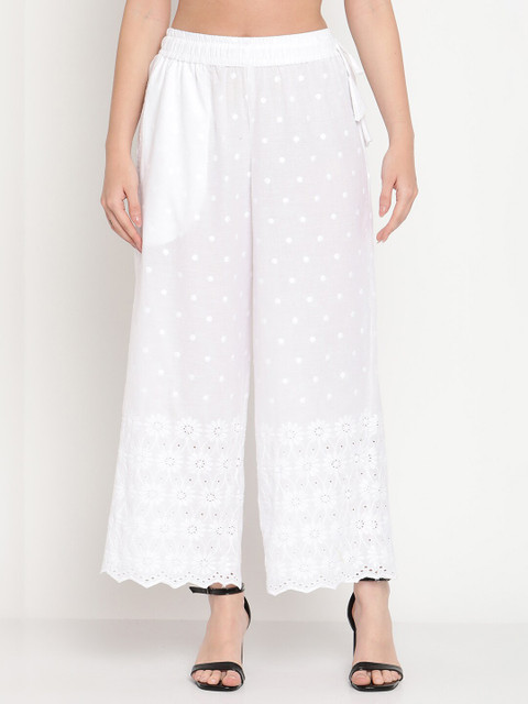 

TAG 7 Women White Floral Schiffli Embroidered Ethnic Cotton Palazzos