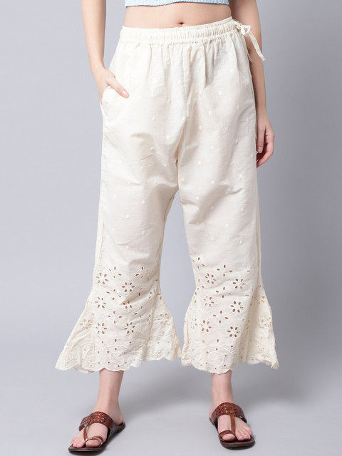 

TAG 7 Women Cream-Coloured Ethnic Motifs Embroidered Ethnic Palazzos