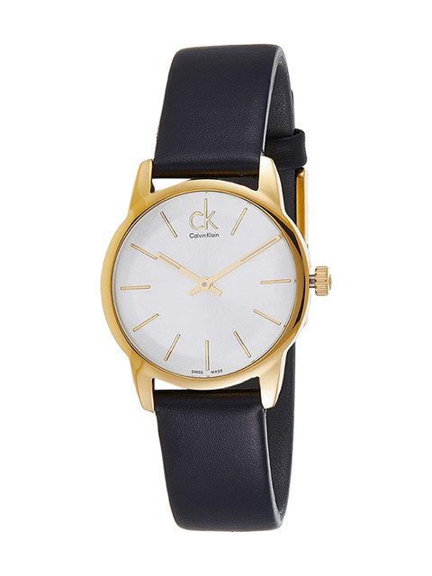 

Calvin Klein Women Silver-Toned Dial & Black Leather Straps Analogue Watch K2G23520