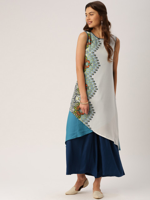 

IMARA Grey & Teal Blue Printed Layered Kurta
