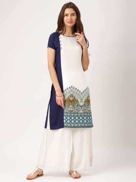 

IMARAWomen Navy & White Printed Straight Kurta, Navy blue