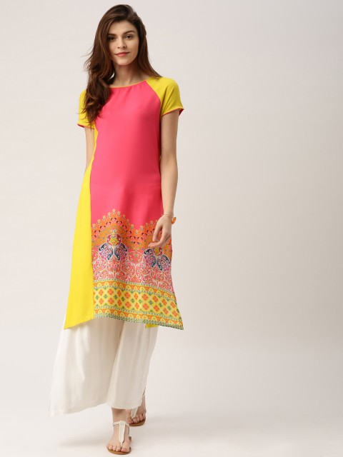 

IMARA Pink & Yellow Printed A-Line Kurta