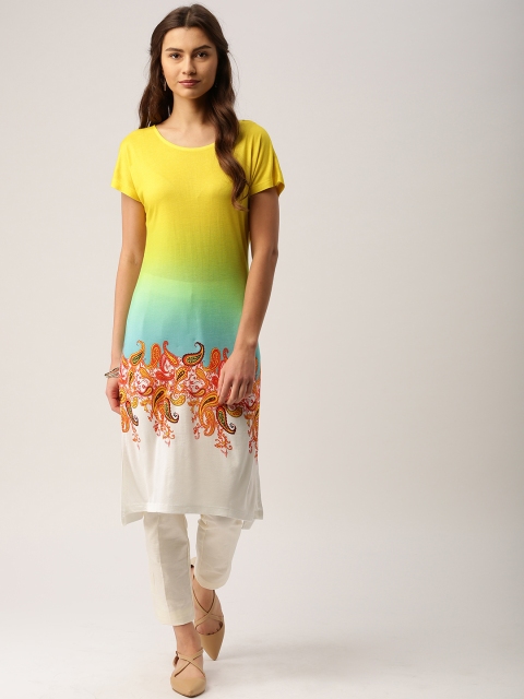 

IMARA Yellow & White Printed & Ombre-Dyed Straight Kurta