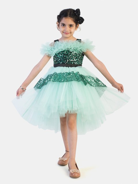 

Toy Balloon kids Green Embellished Layered Net Midi Dress