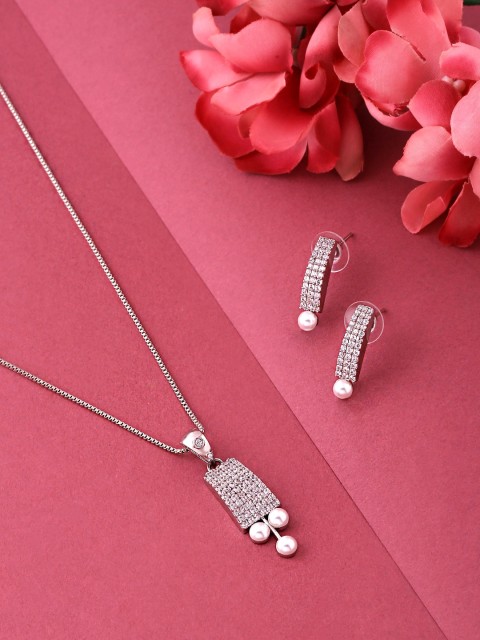 

Yellow Chimes Silver-Plated White Studded & Beaded Pendant Set