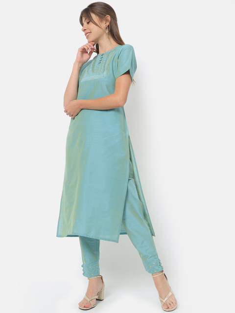 

Saaki Women Blue Striped Panelled Kurti with Trousers & With Dupatta