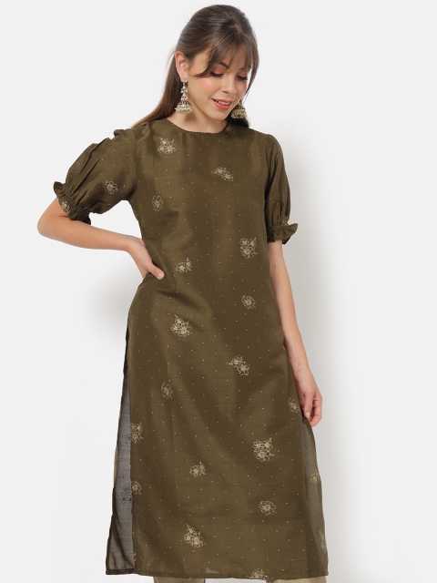 

Saaki Women Olive Green Embroidered Angrakha Kurti with Pyjamas