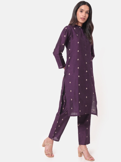 

Saaki Women Purple Floral Striped Layered Pure Cotton Kurti with Trousers