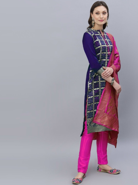 

Satrani Navy Blue & Magenta Embroidered Unstitched Dress Material
