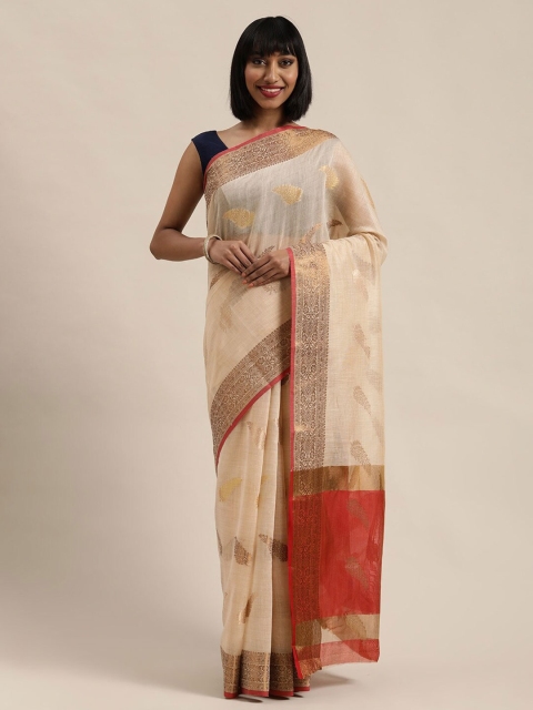 

Saree Swarg Cream-Coloured & Orange Woven Design Zari Banarasi Sarees