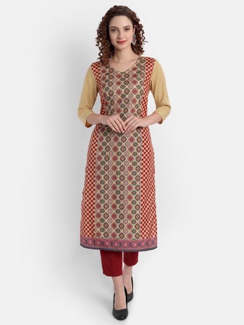 

soan Beige Floral Embroidered V-Neck Pure Crepe Empire Pathani Kurti