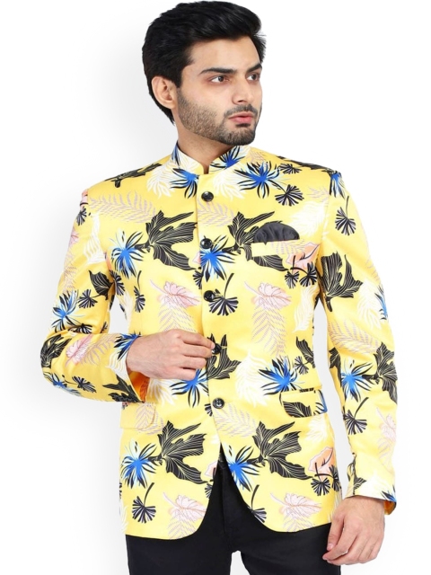 

TAHVO Men Yellow Printed Bandhgala Jodhpur Blazer