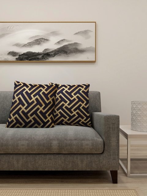 

KLOTTHE Set Of 2 Gold-Colored & Black Textured Square Floor Cushions