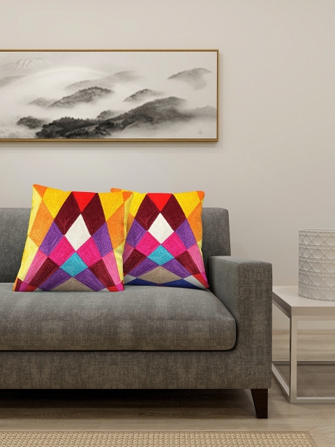 

KLOTTHE Set Of 2 Yellow & Purple Self-Design Square Floor Cushions