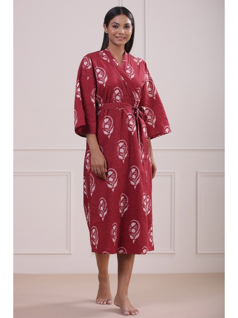 

JISORA Maroon Printed Maxi Nightdress