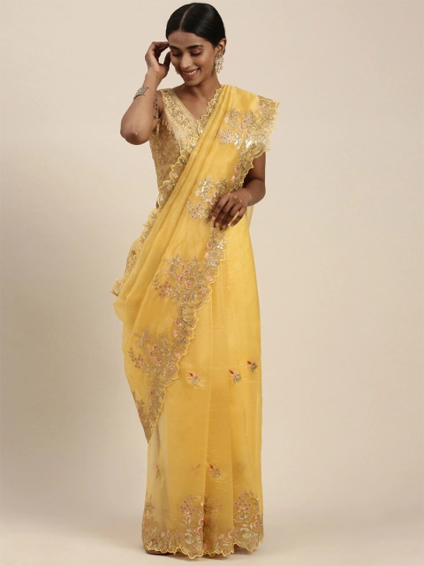 

Pandadi Saree Yellow & Gold-Toned Floral Sequinned Organza Sarees