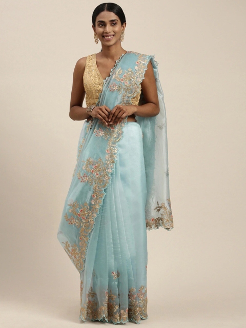 

Pandadi Saree Blue & Gold-Toned Floral Sequinned Embroidery Organza Silk Designer Saree