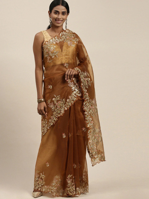 

Pandadi Saree Gold-Toned & Brown Floral Sequinned Organza Sarees