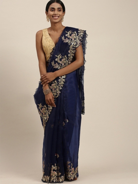 

Pandadi Saree Navy Blue & Gold-Toned Floral Sequinned Embroidered Organza Silk Sarees