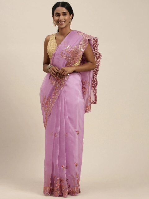 

Pandadi Saree Purple & Gold-Toned Floral Sequinned Embroidered Organza Silk Sarees