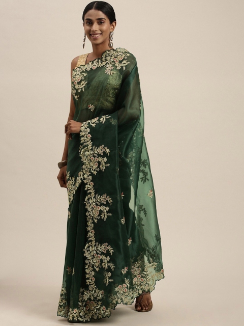 

Pandadi Saree Green & Gold-Toned Floral Sequinned Organza Sarees