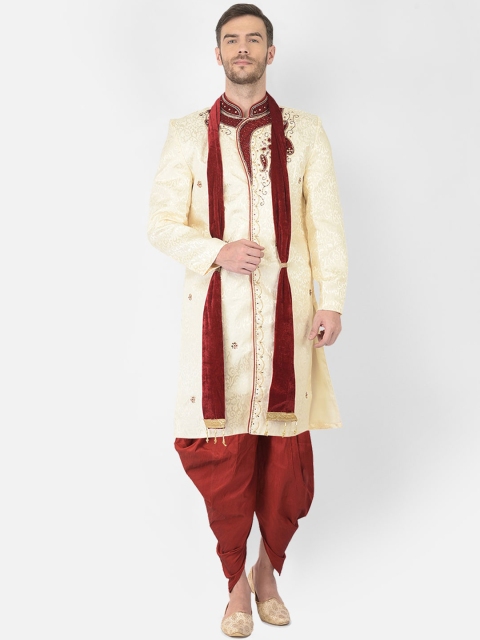 

SG LEMAN Men Cream-Coloured & Maroon Embellished Sherwani