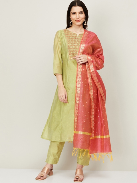 

Melange by Lifestyle Women Olive Green Yoke Design Panelled Top with Trousers & With Dupatta