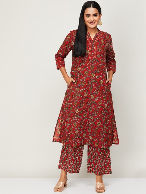 

Melange by Lifestyle Women Brown Floral Printed Panelled Pure Cotton Kurti with Palazzos