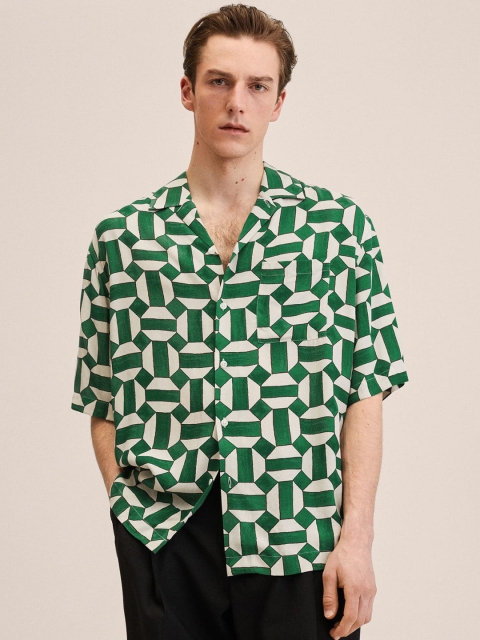 

MANGO MAN Green & Off White Printed Casual Shirt