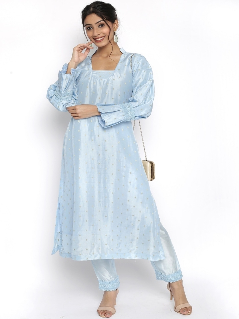 

HANDME Women Blue Ethnic Motifs Empire Dupion Silk Kurta with Trousers