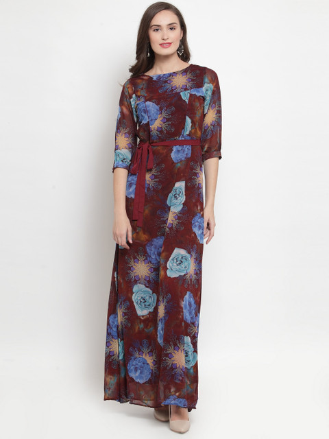 

Aujjessa Brown Floral Georgette Maxi Dress