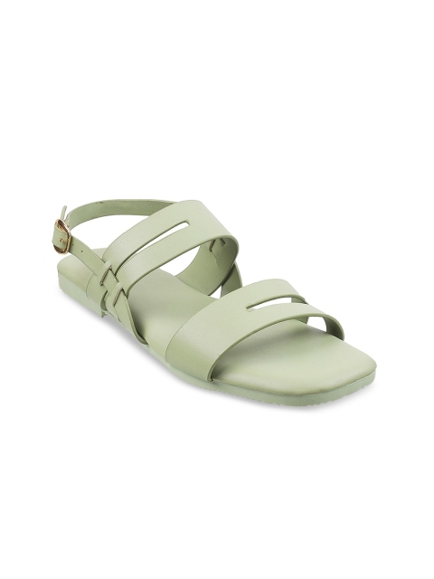 

Metro Women Green Striped Open Toe Flats with Buckles