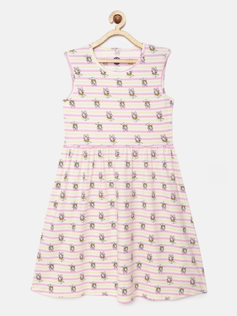 

YK Disney Girls White All Over Daisy Duck Printed Striper Fit & Flare Sleeveless Dress, Multi
