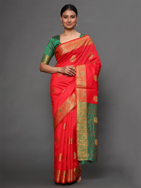 

Havida Sarees Red & Blue Floral Silk Blend Banarasi Saree