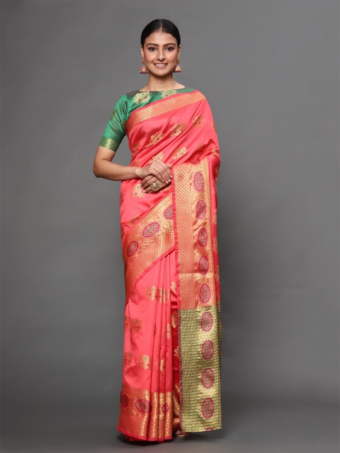 

Havida Sarees Pink & Green Floral Patchwork Silk Blend Banarasi Saree