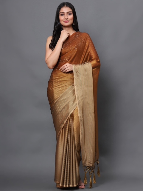 

Havida Sarees Mustard & Brown Striped Sequinned Pure Chiffon Saree